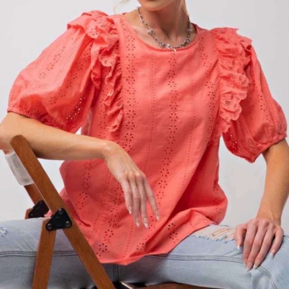 Easel Small NWOT‎ Orange Eyelet Prairie Ruffle Puff Sleeve Boho Top